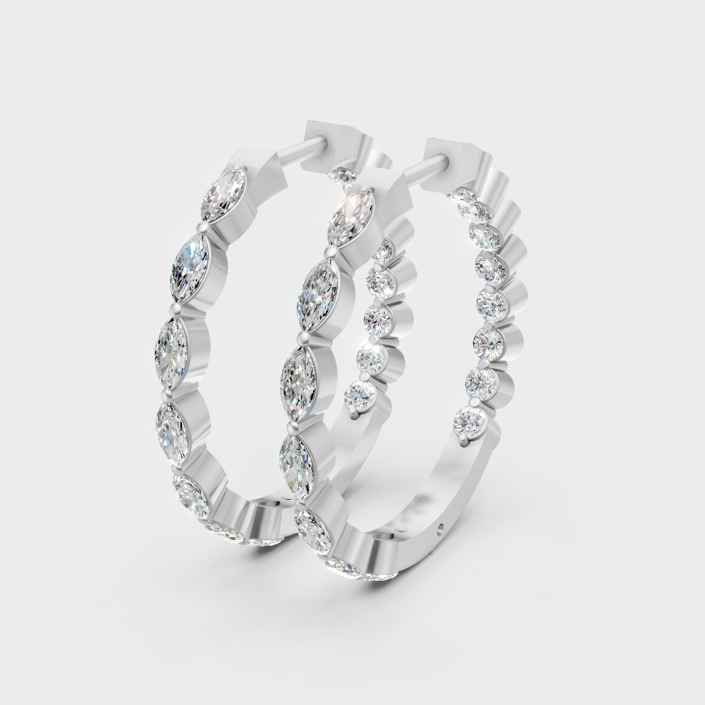 Sleek white gold diamond hoops featuring GLI-certified round and marquise stones